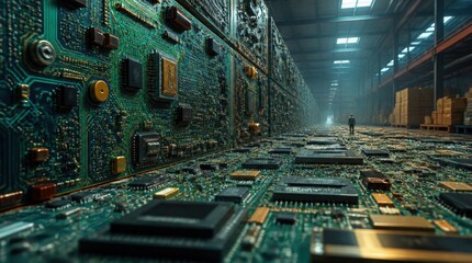 Fototapeta premium Vast computer circuit board extending into a large warehouse, representing technology and data infrastructure.