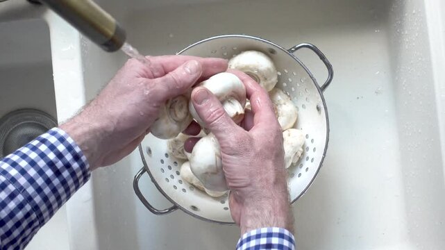 Male hands wash champignons under running water over a metal colander in a kitchen sink. Concept of healthy eating and using natural sweeteners. Ideal for nutrition, vegan diet, and cooking content