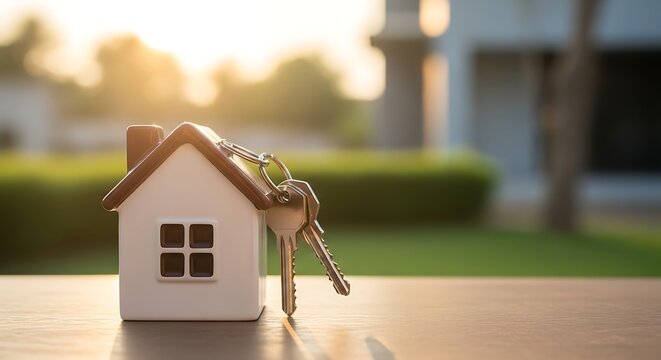 Miniature white house model with keys on a wooden surface with blurred outdoor background home real estate