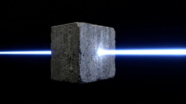 暗闇に浮遊するコンクリートから水平抽出されるプラズマエネルギーの抽象CG