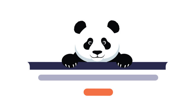 Cute panda character with big eyes peeking over a horizontal border with decorative colorful design elements below.