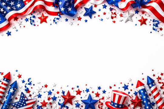 Happy Independence Day Greeting Template with Stars and Confetti on White