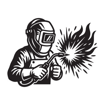 Black and white illustration of a welder working with sparks