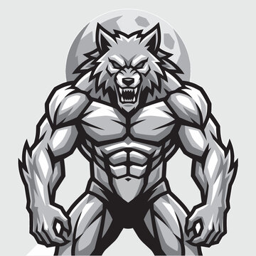 Muscular Wolf Werewolf Standing Flexing Full Body Dark Vector Illustration