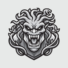 Obraz premium Monster Snake Dragon Head with Open Mouth Circle Badge Dark Vector