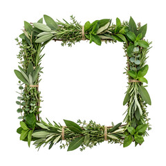 Fototapeta premium Square frame made of fresh green herbs and leaves with rustic twine tied at the corners for decoration isolated on transparent background