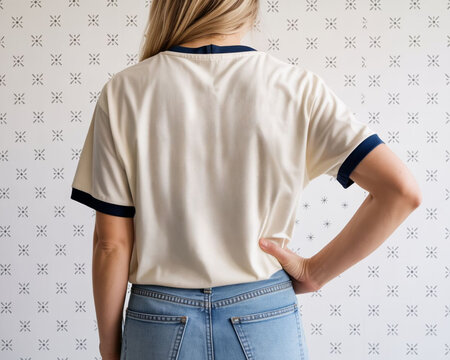 Woman wearing cream ringer tee with navy blue trim stands against patterned wallpaper background showcasing casual fashion style and back view of garment in minimalist interior studio photography.