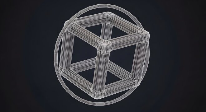 Abstract glowing wireframe neon hypercube structure on dark background
