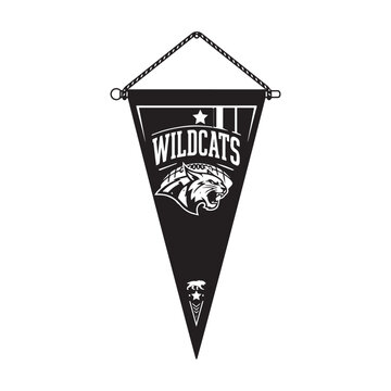 Vintage style pennant flag featuring a wildcats mascot logo with bold typography and star accents designed for school sports team spirit and athletic department branding isolated on white background