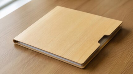 Fototapeta premium A closed binder with a natural wood cover rests on a wooden table, showcasing its clean and modern design.