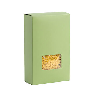 Small light green cardboard box with a clear window showing raw yellow cereal or grains inside the package isolated on transparent background