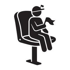 Fototapeta premium Black silhouette icon of a soccer fan sitting on a stadium chair holding a small flag, representing sports enthusiasm, supporter culture, cheering, and live match attendance in a minimalist style