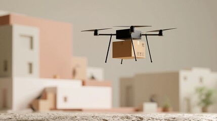 Fototapeta premium Modern quadcopter drone with camera hovering indoors over wooden surface