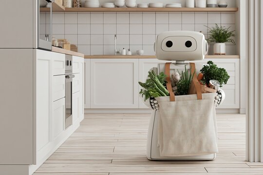 Friendly robot with shopping bag in modern bright kitchen interior