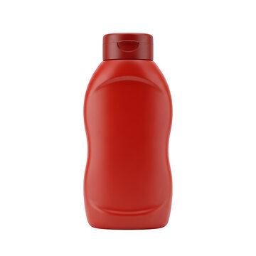 Red plastic squeeze bottle for ketchup or tomato sauce with a closed flip top cap for food condiments isolated on transparent background