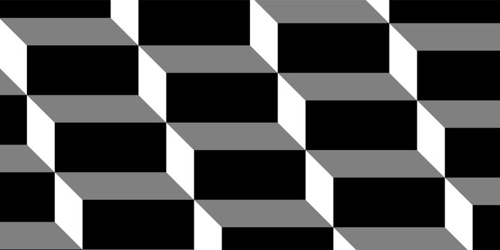 Seamless abstract geometric pattern featuring a black, white, and grey 3D optical illusion of repeating stair steps.