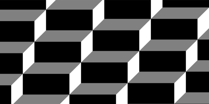 Seamless abstract geometric pattern featuring a black, white, and grey 3D optical illusion of repeating stair steps.