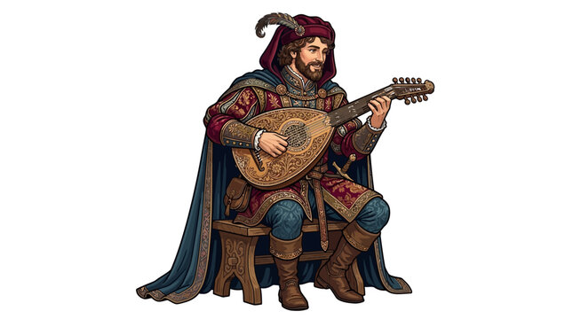 Medieval man playing lute on wooden chair ornate clothing