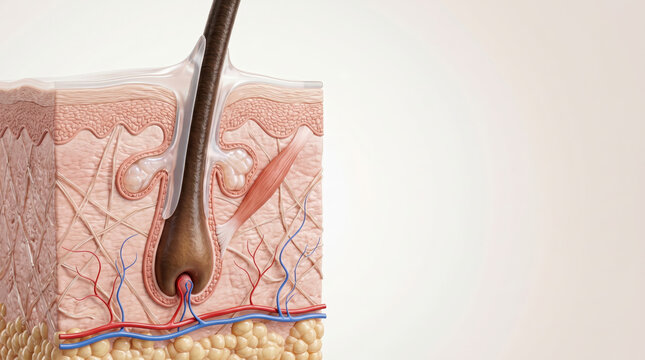 Hair follicle anatomy skin structure cross section showing detailed layers and blood vessels with muscle fiber and fat tissue in natural color