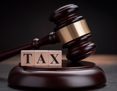 Wooden Gavel and Tax Blocks Representing Legal and Financial Concepts.