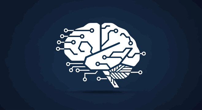 Digital circuit brain icon on dark blue background.
