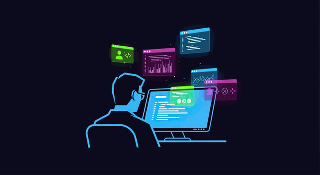Developer working with multiple floating digital data screens.