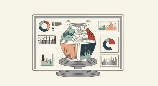 Digital pottery design screen with 3D vase and analytics.