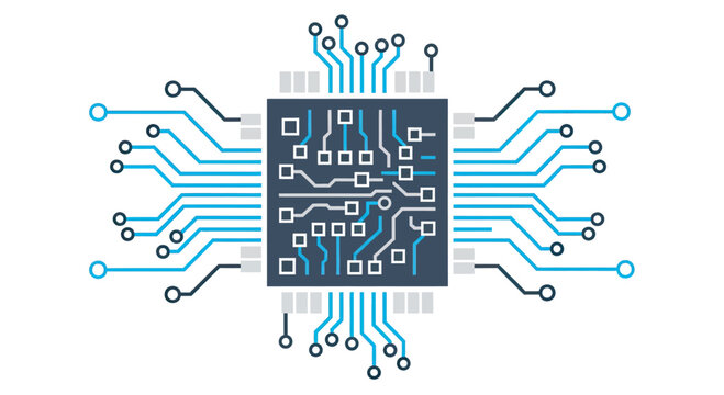 Digital motherboard CPU chip with intricate circuit traces.