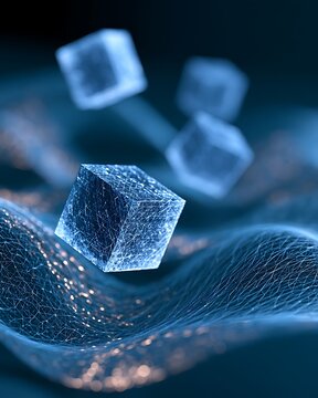 Digital asset management concept, glowing blockchain cubes emerging from wave shaped data mesh,
