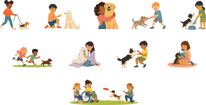 Inclusive Group of Children Playing with Dogs Vector Set with Diverse Kids Walking Training Hugging and Caring for Pet Puppies