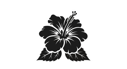 Detailed black hibiscus flower silhouette with decorative leaves. © jons