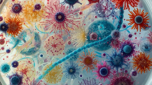 Artistic microbes and bacterial colonies observed under microscope, abstract background of life science