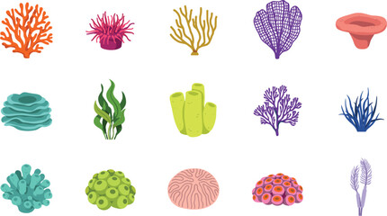 Underwater Coral Reef Elements Vector Set with Colorful Marine Sea Sponge Seaweed Anemone and Aquatic Flora Icons Isolated on White Background © MstAkhlima