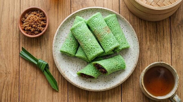An appetizing flat lay overhead view of Indonesian dadar gulung green pandan crepes filled with grated palm sugar coconut on a plate, next to a hot teacup and a fresh pandan leaf knot.