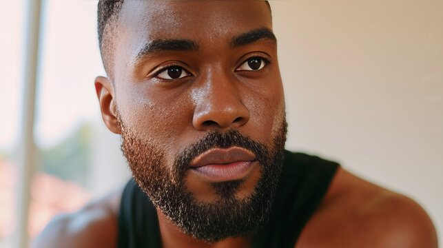 African American man with beard wearing a sleeveless shirt, focused expression, sitting in a well-lit home gym with natural light streaming through a window