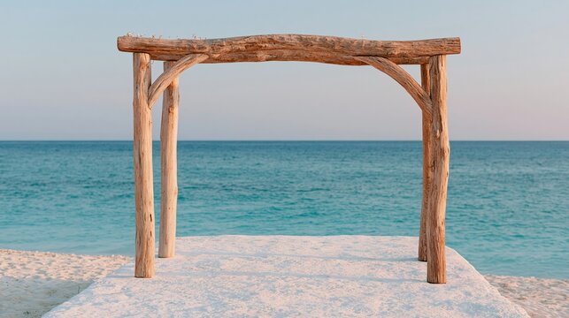 Rustic wooden arch frame positioned on a white sandy beach with a serene ocean view under a clear sky, ideal for weddings or outdoor events