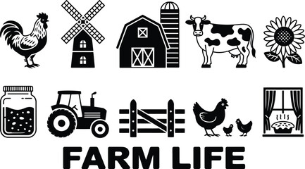 Farm life collection with rooster, windmill, barn, cow, tractor, and chicken. © Mst Insanara Begum