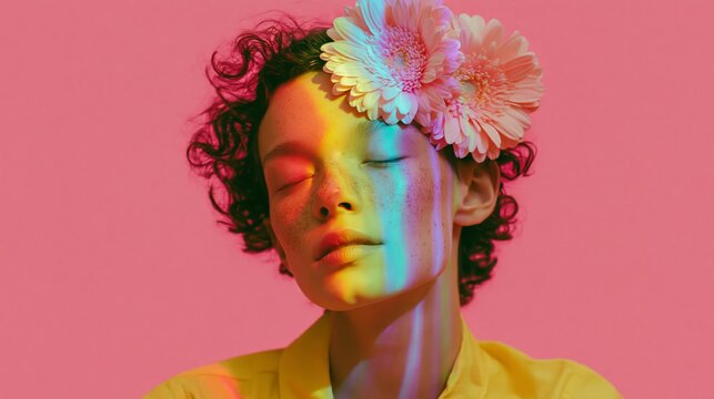 Young woman with closed eyes and curly hair adorned with a flower, illuminated by rainbow light against a vibrant pink background