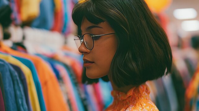 Woman with short dark hair and glasses browsing vintage clothing racks filled with colorful garments in a retail store, vibrant hues and textures visible in the background