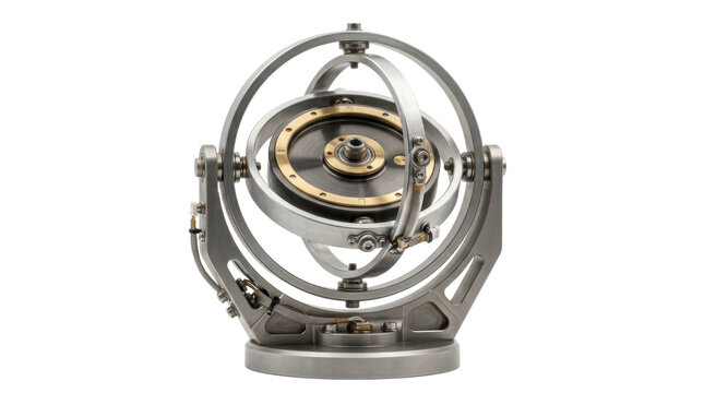 A metallic mechanical gyroscope with brass and steel rings, used for scientific demonstration of angular momentum, isolated on white background