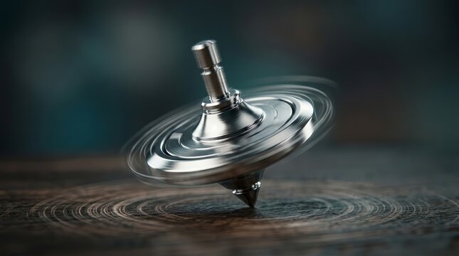 Close-up of a shiny metal spinning top spinning on a dark wooden table.