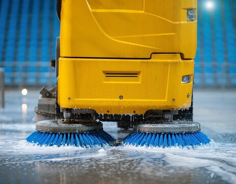 Yellow Floor Cleaning Machine Scrubbing Surface in an Arena.