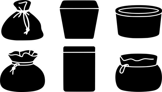 Empty sack and fabric bag vector icon set with canvas pouch textile bundle container and dry goods packaging solid black silhouette elements isolated on white background for storage design