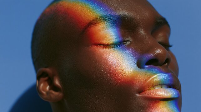 Male model with closed eyes illuminated by rainbow light reflection on face against a blue background, showcasing vibrant colors and smooth skin texture