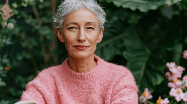 Retired woman with short gray hair wearing a pink sweater sits among green foliage and flowers, enjoying a moment of tranquility in a garden setting