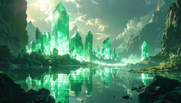 Emerald crystal landscape with glowing green gemstones and water reflections, fantasy background