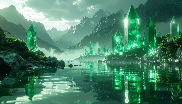 Emerald crystal landscape with glowing green gemstones and water reflections, fantasy background