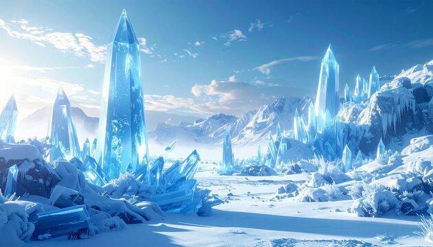 Frozen crystal landscape with sparkling snow and icy blue tones, premium winter fantasy background
