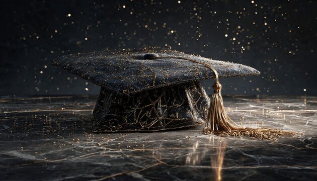 A graduation cap resting on a surface under rainfall and soft lighting