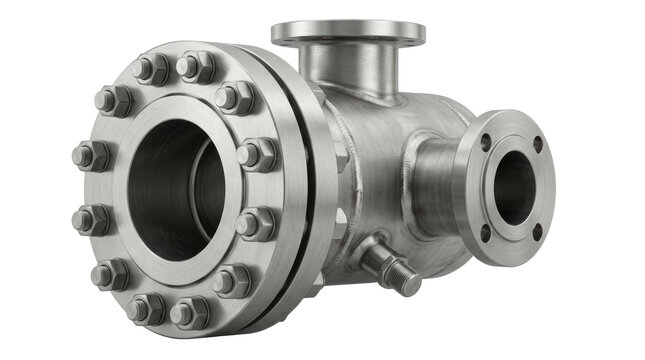 Industrial stainless steel t-shaped pipe fitting with flanged ends and bolted connections, isolated on a plain white background, for industry